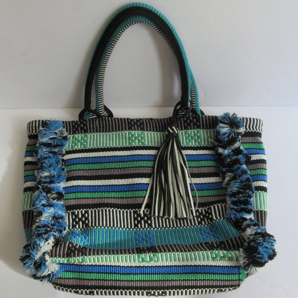 REBECCA MINKOFF Fringed Woven Soft Beach Tote Shoulder Bag Blue Multi w/ Tassel